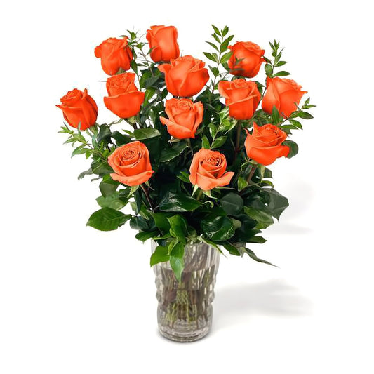 Fresh Roses in a Crystal Vase | Dozen Orange - Floral Arrangement - Flower Delivery Brooklyn