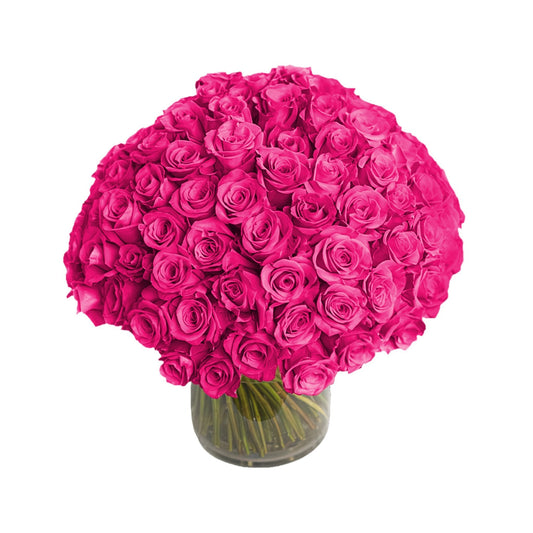 Fresh Roses in a Vase | 100 Hot Pink Roses - Floral Arrangement - Flower Delivery Brooklyn