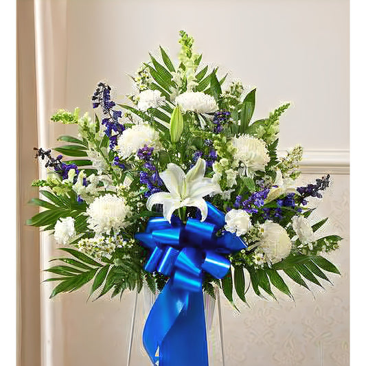 Heartfelt Sympathies Blue & White Standing Basket - Floral Arrangement - Flower Delivery Brooklyn