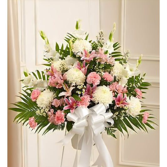 Heartfelt Sympathies Pink & White Standing Basket - Floral Arrangement - Flower Delivery Brooklyn