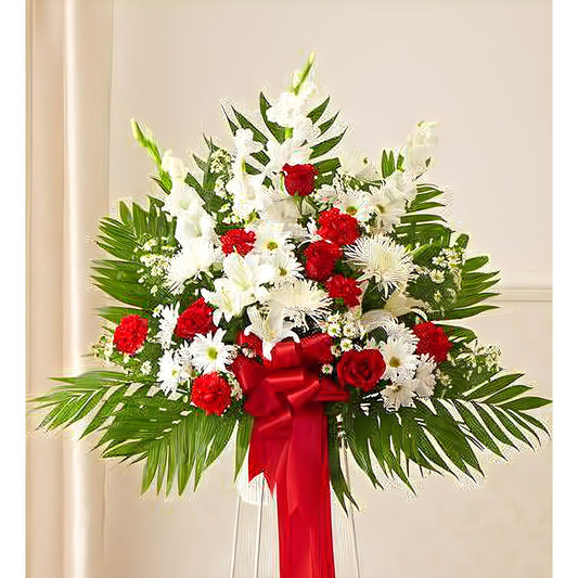 Heartfelt Sympathies Red & White Standing Basket - Floral Arrangement - Flower Delivery Brooklyn
