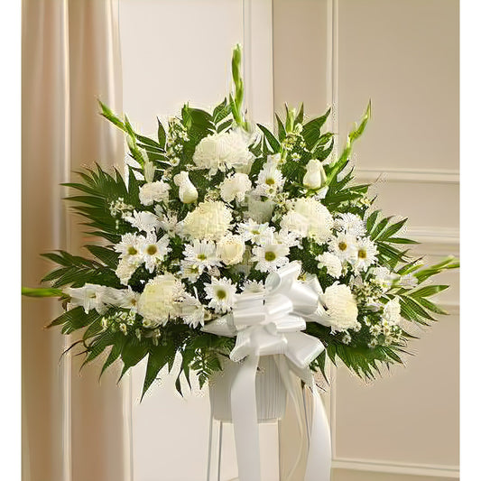 Heartfelt Sympathies White Standing Basket - Floral Arrangement - Flower Delivery Brooklyn