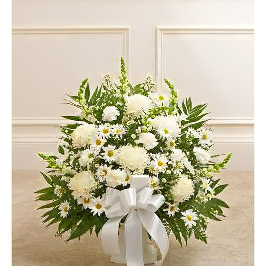 Heartfelt Tribute White Floor Basket Arrangement - Floral Arrangement - Flower Delivery Brooklyn