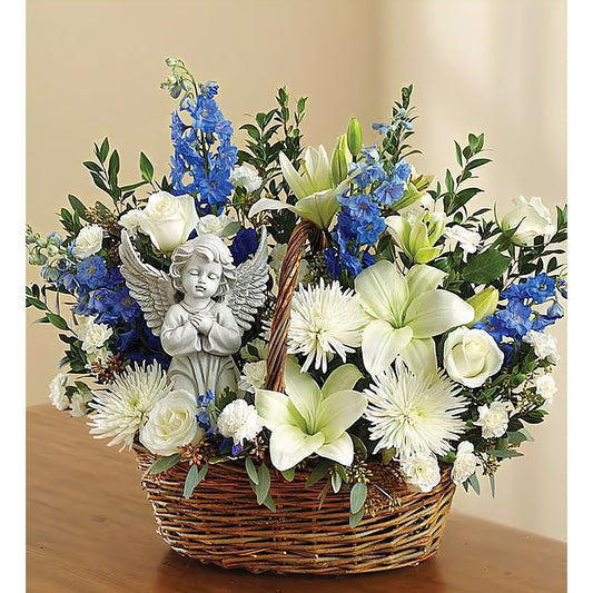 Heavenly Angel & Blue and White Basket - Floral Arrangement - Flower Delivery Brooklyn