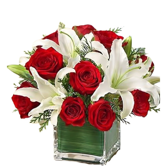 Modern Embrace - Red Rose and Lily Cube - Floral Arrangement - Flower Delivery Brooklyn