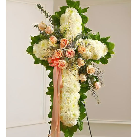 Peace and Prayers Standing Cross - Peach - Floral Arrangement - Flower Delivery Brooklyn