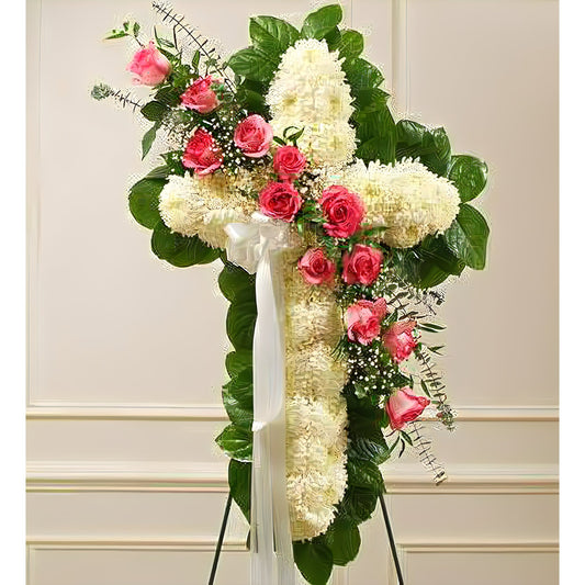 Peace and Prayers Standing Cross - Pink - Floral Arrangement - Flower Delivery Brooklyn