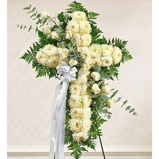 Peace and Prayers Standing Cross - White - Floral Arrangement - Flower Delivery Brooklyn