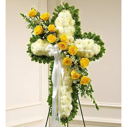 Peace and Prayers Standing Cross - Yellow - Floral Arrangement - Flower Delivery Brooklyn