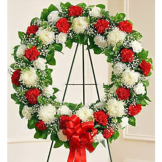 Serene Blessings Standing Wreath - Red & White - Floral Arrangement - Flower Delivery Brooklyn