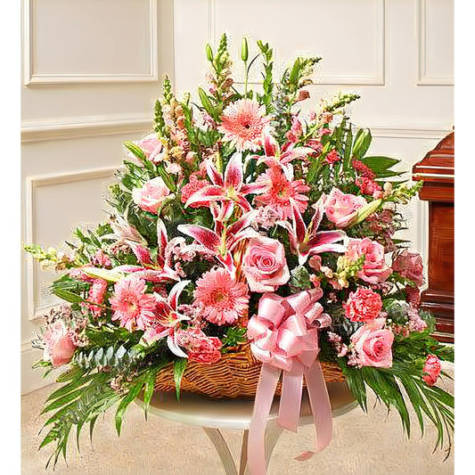 Thoughts and Prayers Fireside Basket - Pink - Floral Arrangement - Flower Delivery Brooklyn