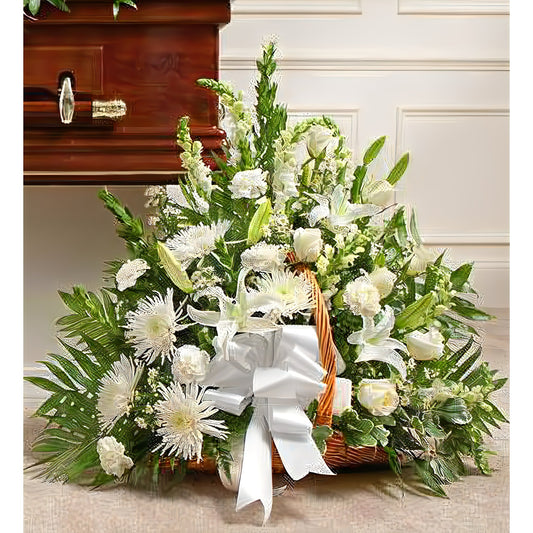 Thoughts and Prayers Fireside Basket - White - Floral Arrangement - Flower Delivery Brooklyn