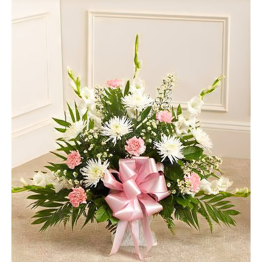 Tribute Pink & White Floor Basket Arrangement - Floral Arrangement - Flower Delivery Brooklyn