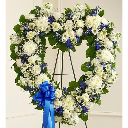 Always Remember Blue & White Floral Heart Tribute - Floral Arrangement - Flower Delivery Brooklyn