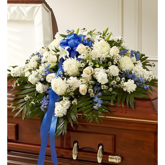 Blue & White Cherished Rose Half Casket Cover - Floral Arrangement - Flower Delivery Brooklyn