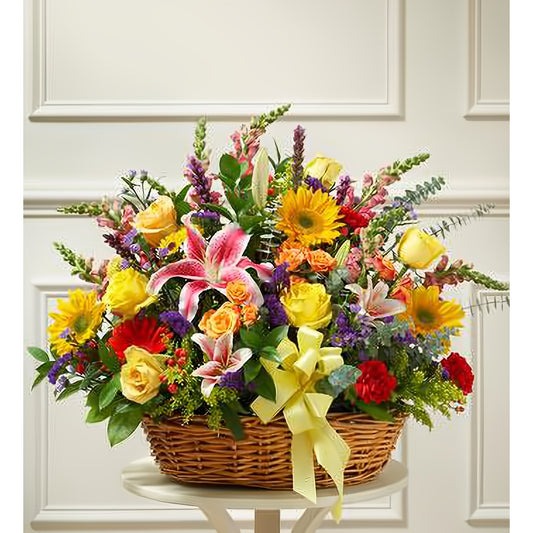 Bright Flower Sympathy Arrangement in Basket - Floral Arrangement - Flower Delivery Brooklyn