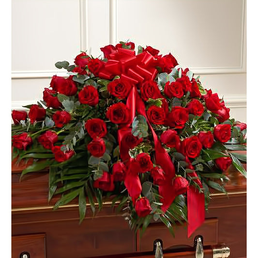 Cherished Memories Red Rose Half Casket Cover - Floral Arrangement - Flower Delivery Brooklyn