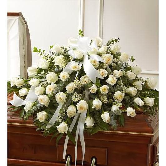 Cherished Memories White Rose Half Casket Cover - Floral Arrangement - Flower Delivery Brooklyn