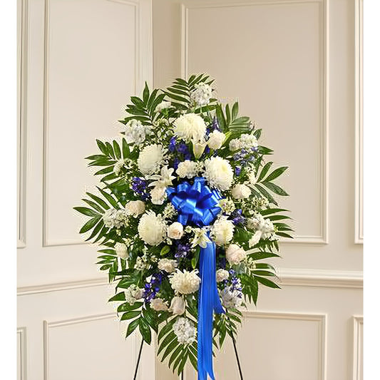 Deepest Sympathies Blue & White Standing Spray - Floral Arrangement - Flower Delivery Brooklyn