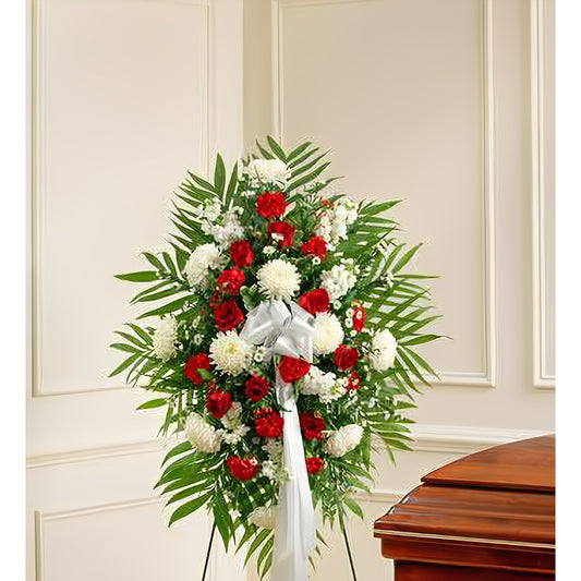 Deepest Sympathies Red & White Standing Spray - Floral Arrangement - Flower Delivery Brooklyn