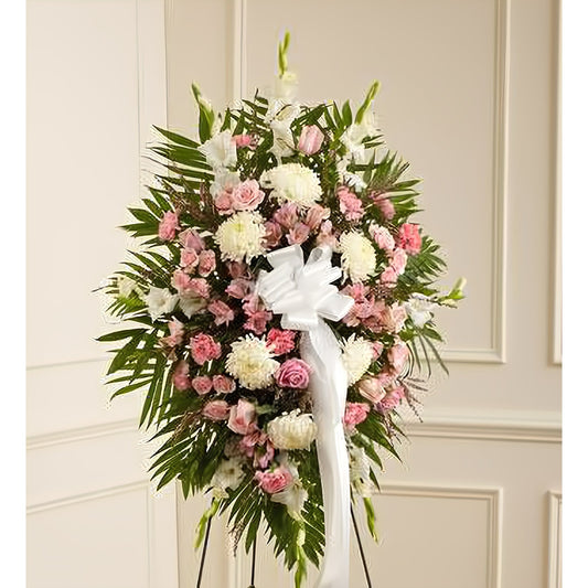 Deepest Sympathies Standing Spray-Pink & White - Floral Arrangement - Flower Delivery Brooklyn