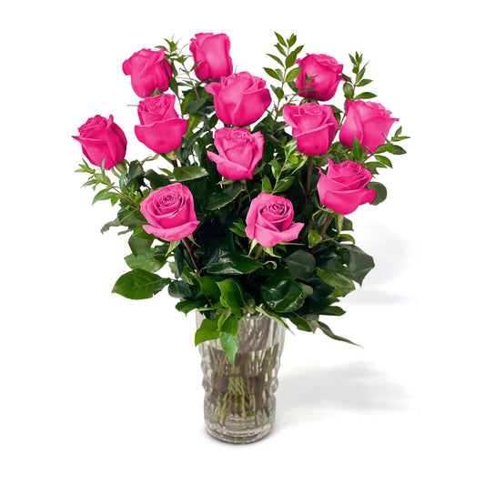 Fresh Roses in a Crystal Vase | Dozen Hot Pink - Floral Arrangement - Flower Delivery Brooklyn