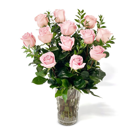 Fresh Roses in a Crystal Vase | Dozen Light Pink - Floral Arrangement - Flower Delivery Brooklyn