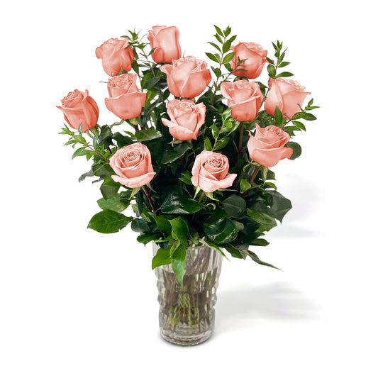 Fresh Roses in a Crystal Vase | Dozen Peach - Floral Arrangement - Flower Delivery Brooklyn