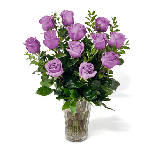 Fresh Roses in a Crystal Vase | Dozen Purple - Floral Arrangement - Flower Delivery Brooklyn