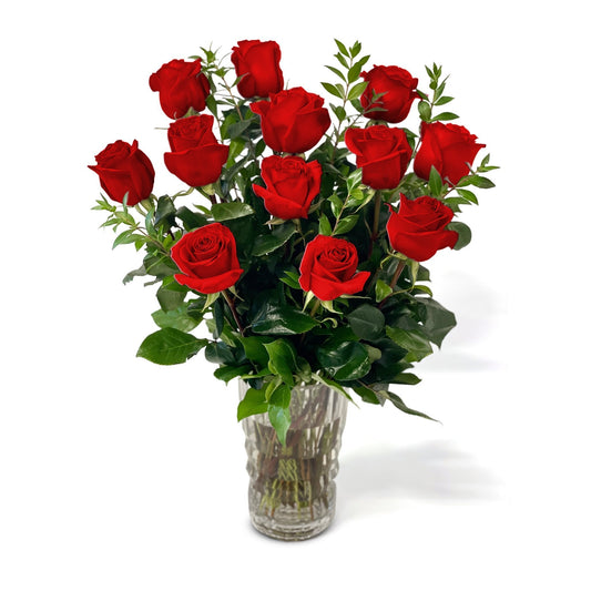 Fresh Roses in a Crystal Vase | Dozen Red - Floral Arrangement - Flower Delivery Brooklyn