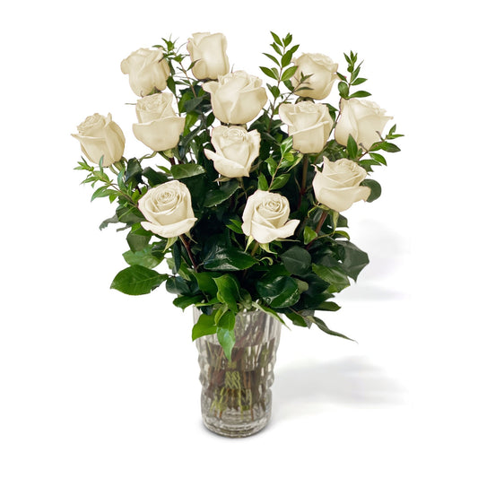 Fresh Roses in a Crystal Vase | Dozen White - Floral Arrangement - Flower Delivery Brooklyn