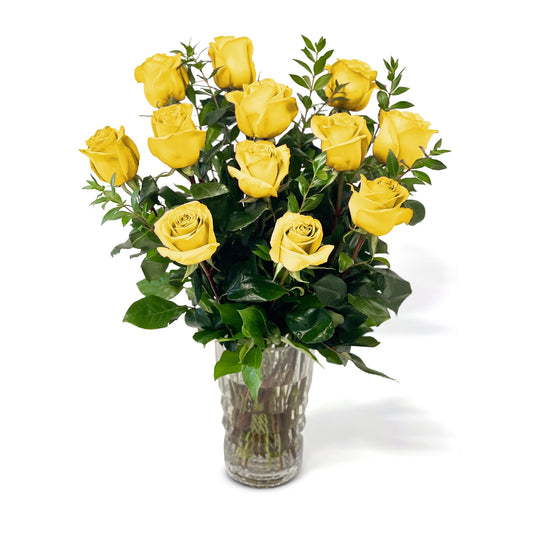 Fresh Roses in a Crystal Vase | Dozen Yellow - Floral Arrangement - Flower Delivery Brooklyn