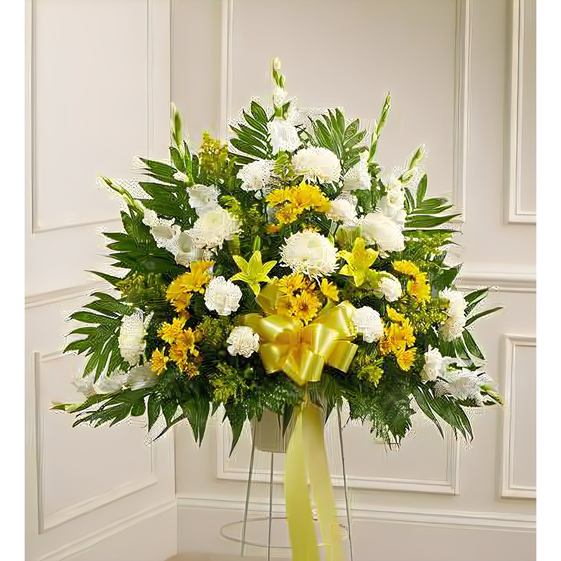 Heartfelt Sympathies Yellow Standing Basket - Floral Arrangement - Flower Delivery Brooklyn