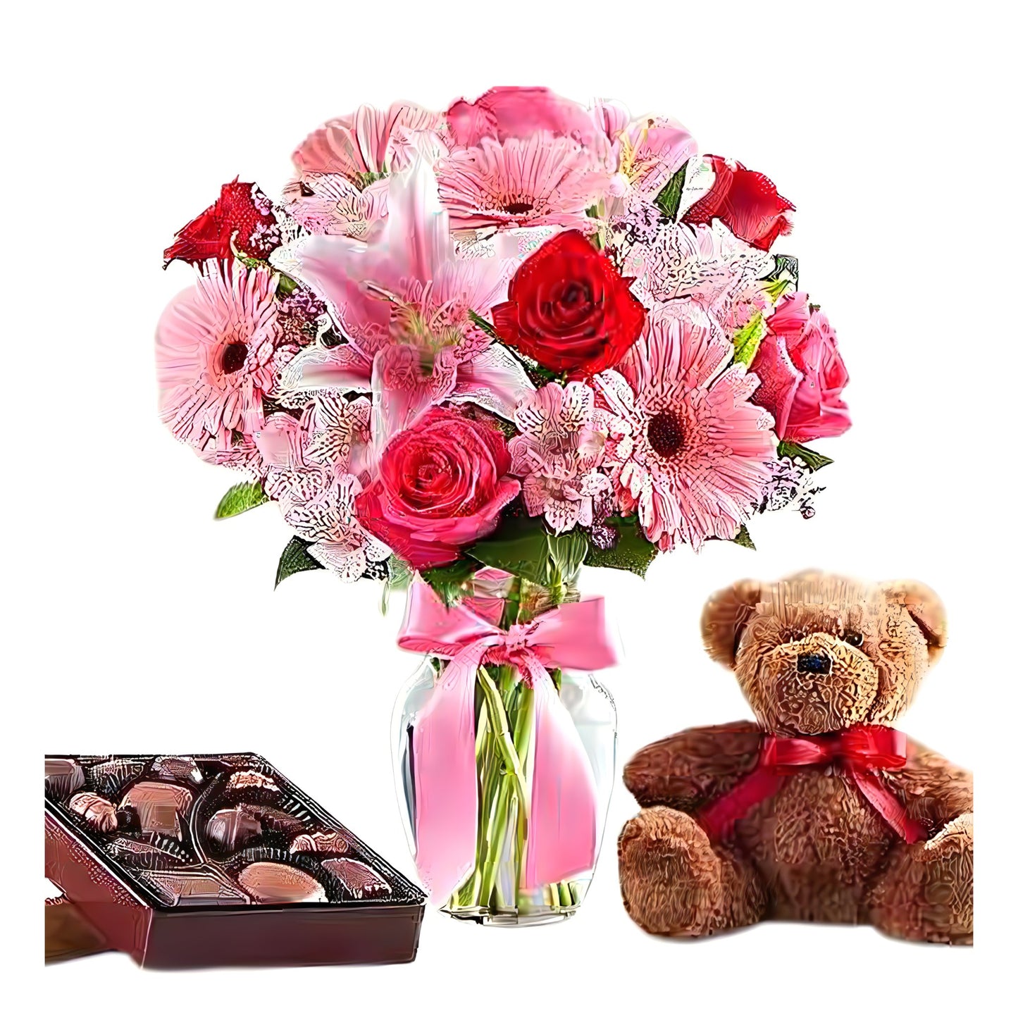 My Valentine's Love With Teddy Bear & Chocolates - Floral Arrangement - Flower Delivery Brooklyn