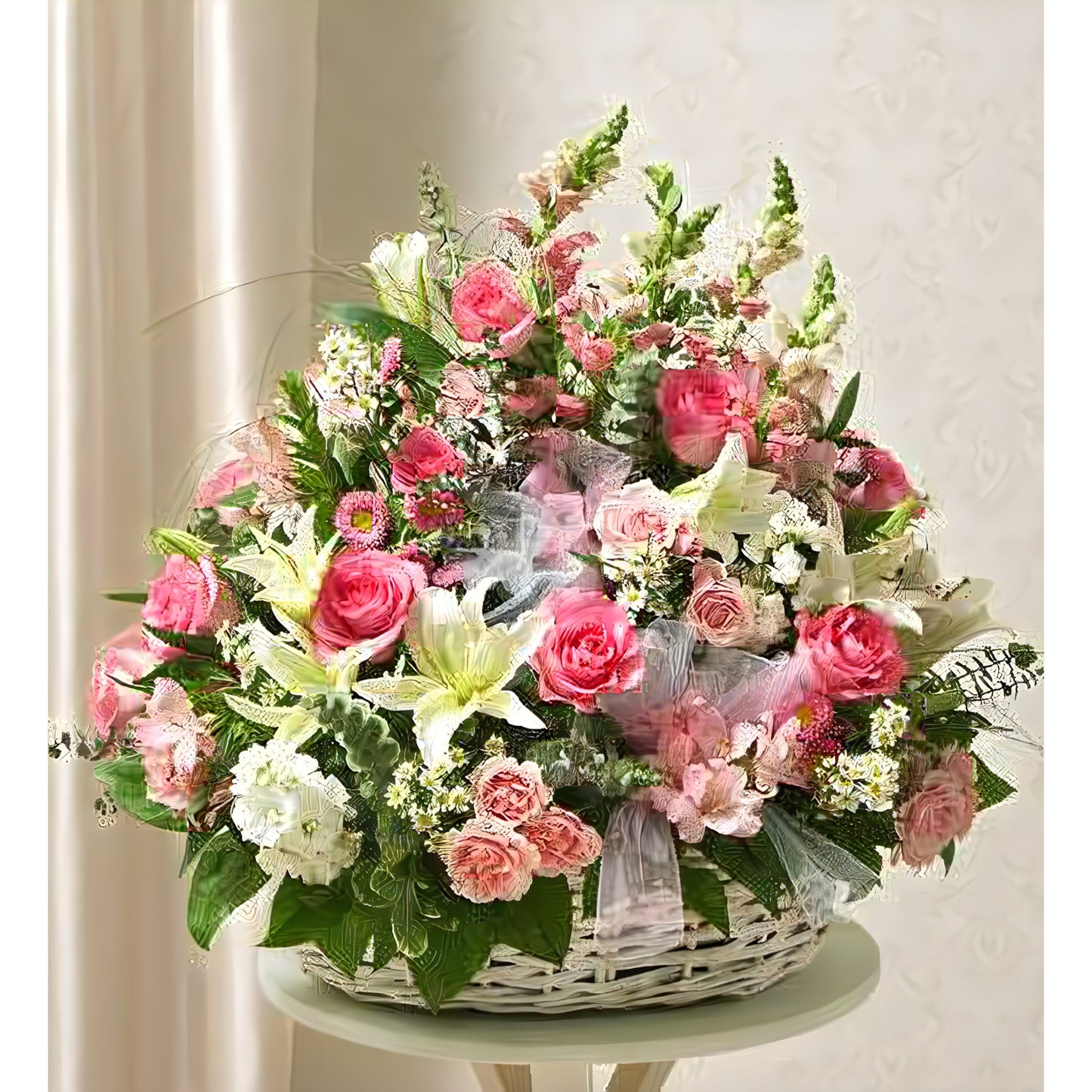 Pink and White Sympathy Arrangement in Basket - Floral Arrangement - Flower Delivery Brooklyn