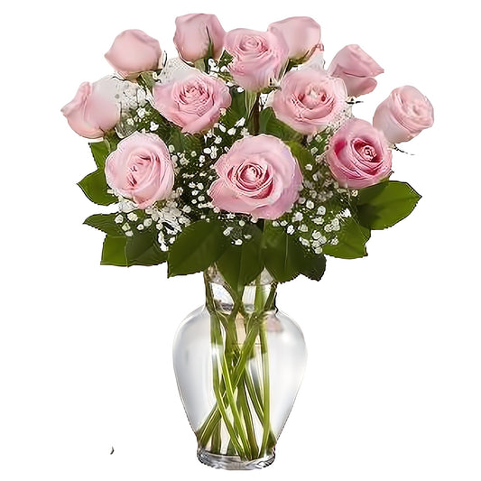 Premium Long Stem - Dozen Pink Roses - Floral Arrangement - Flower Delivery Brooklyn