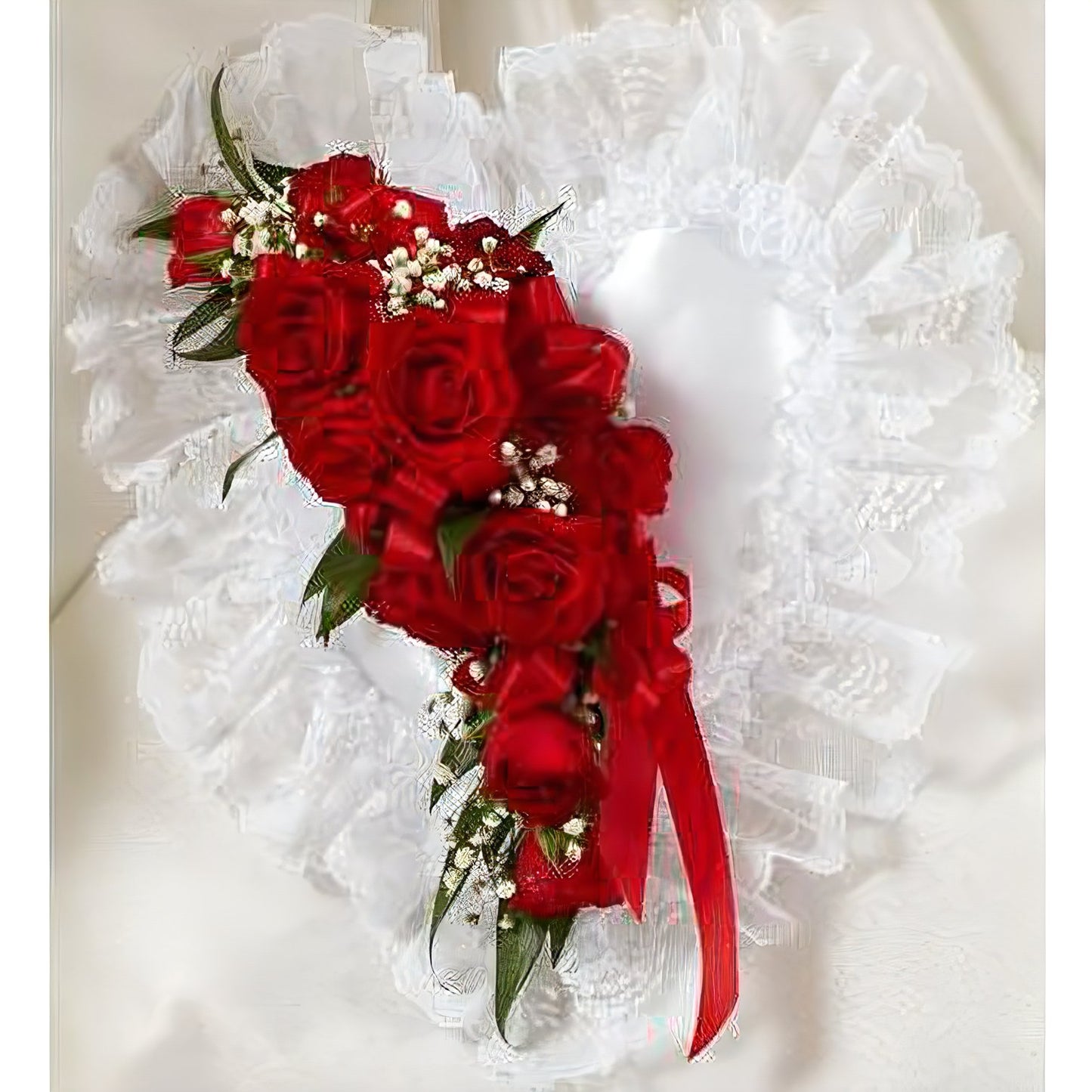 Red and White Satin Heart Casket Pillow - Floral Arrangement - Flower Delivery Brooklyn