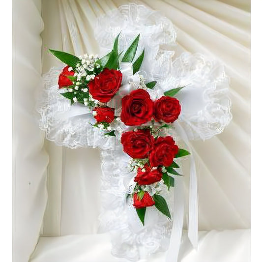 Red & White Satin Heart Casket Pillow - Floral Arrangement - Flower Delivery Brooklyn