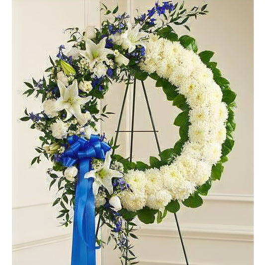 Serene Blessings Blue & White Standing Wreath - Floral Arrangement - Flower Delivery Brooklyn