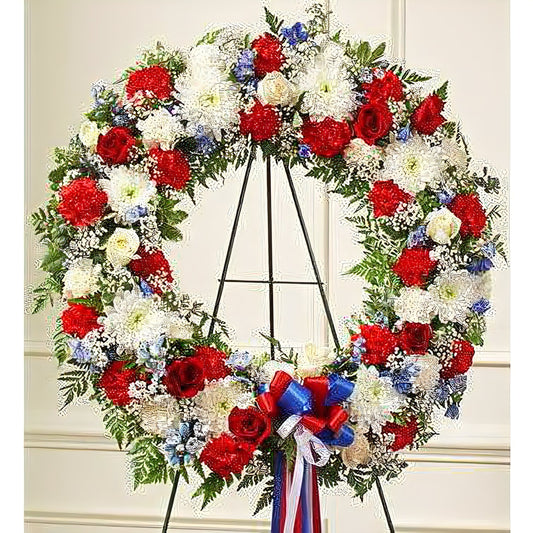 Serene Blessings Red, White & Blue Standing Wreath - Floral Arrangement - Flower Delivery Brooklyn
