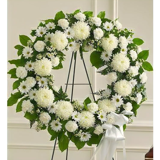 Serene Blessings White Standing Wreath - Floral Arrangement - Flower Delivery Brooklyn
