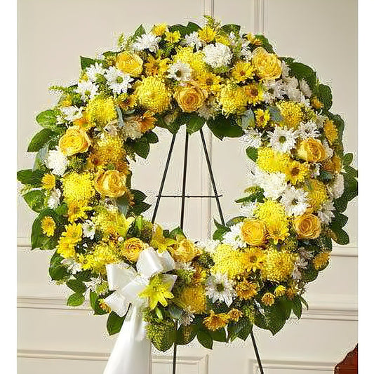 Serene Blessings Yellow Standing Wreath - Floral Arrangement - Flower Delivery Brooklyn