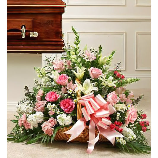 Sincerest Sympathies Fireside Basket-Pink &amp; White - Floral Arrangement - Flower Delivery Brooklyn