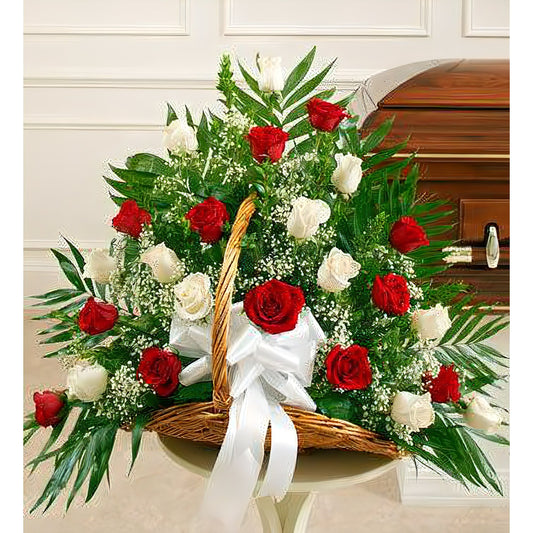 Sincerest Sympathies Fireside Basket-Red &amp; White - Floral Arrangement - Flower Delivery Brooklyn