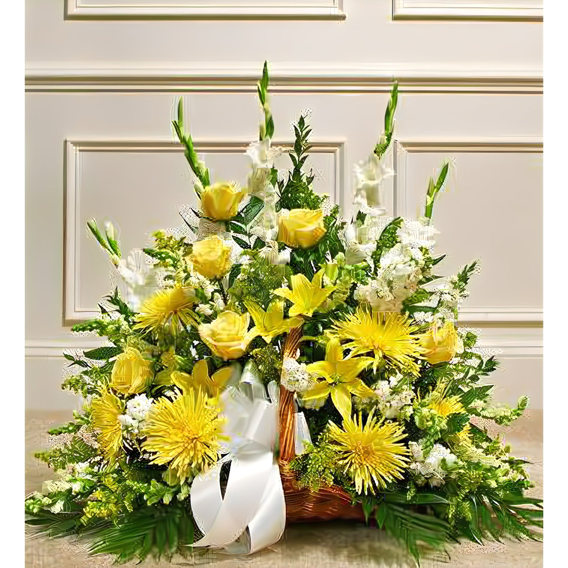 Thoughts and Prayers Fireside Basket - Yellow - Floral Arrangement - Flower Delivery Brooklyn