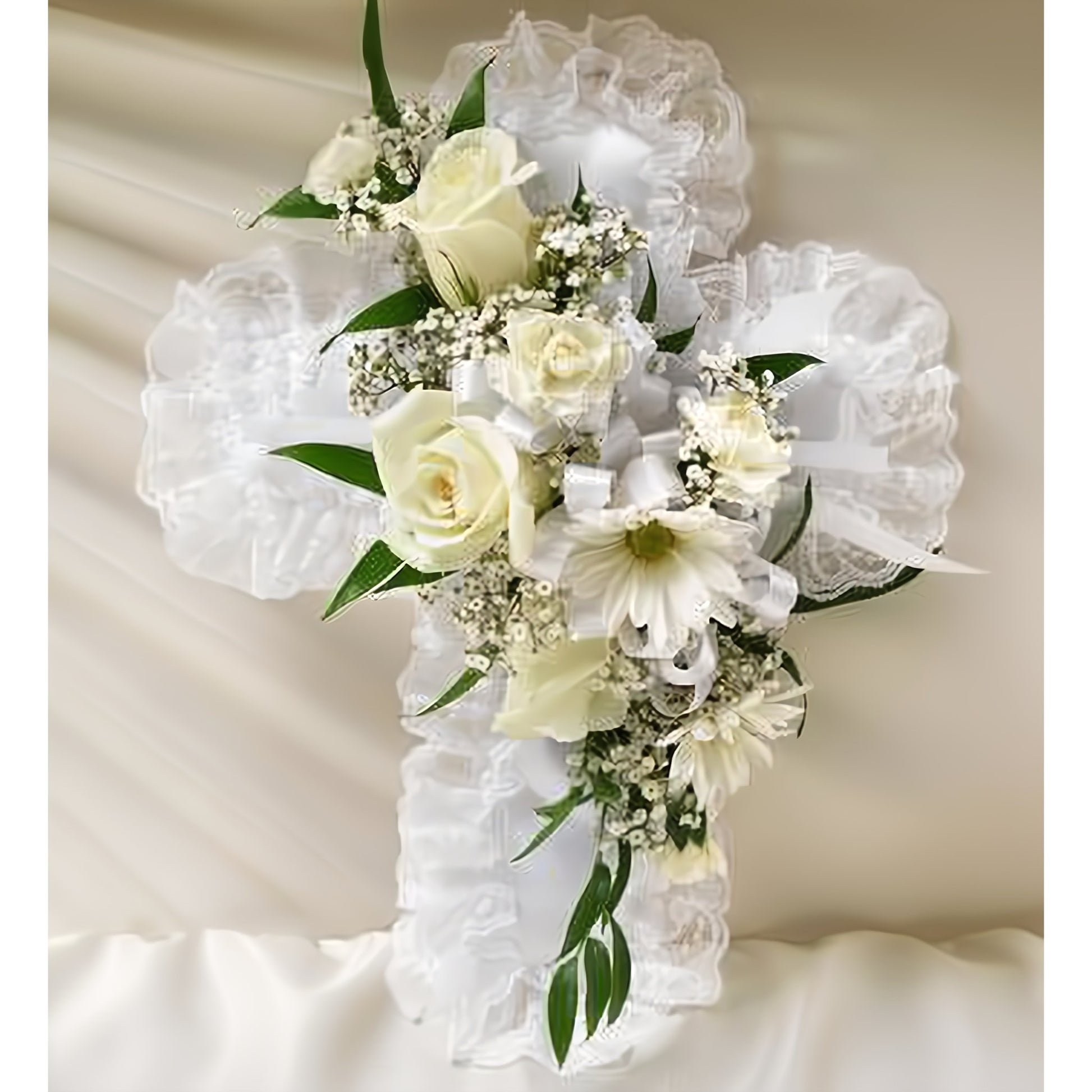 White Satin Cross Casket Pillow - Floral Arrangement - Flower Delivery Brooklyn