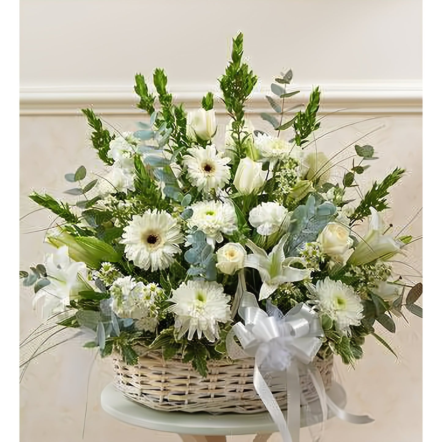 White Sympathy Arrangement in Basket - Floral Arrangement - Flower Delivery Brooklyn