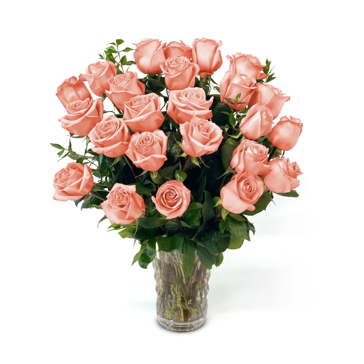 Fresh Roses in a Crystal Vase | Peach - 2 Dozen - Roses